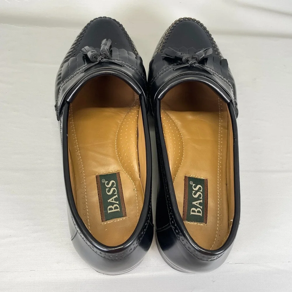 Bass Kiltie Tassel Loafers Mens Size 10.5 EE Black Leather Moc Toe Dress Shoes